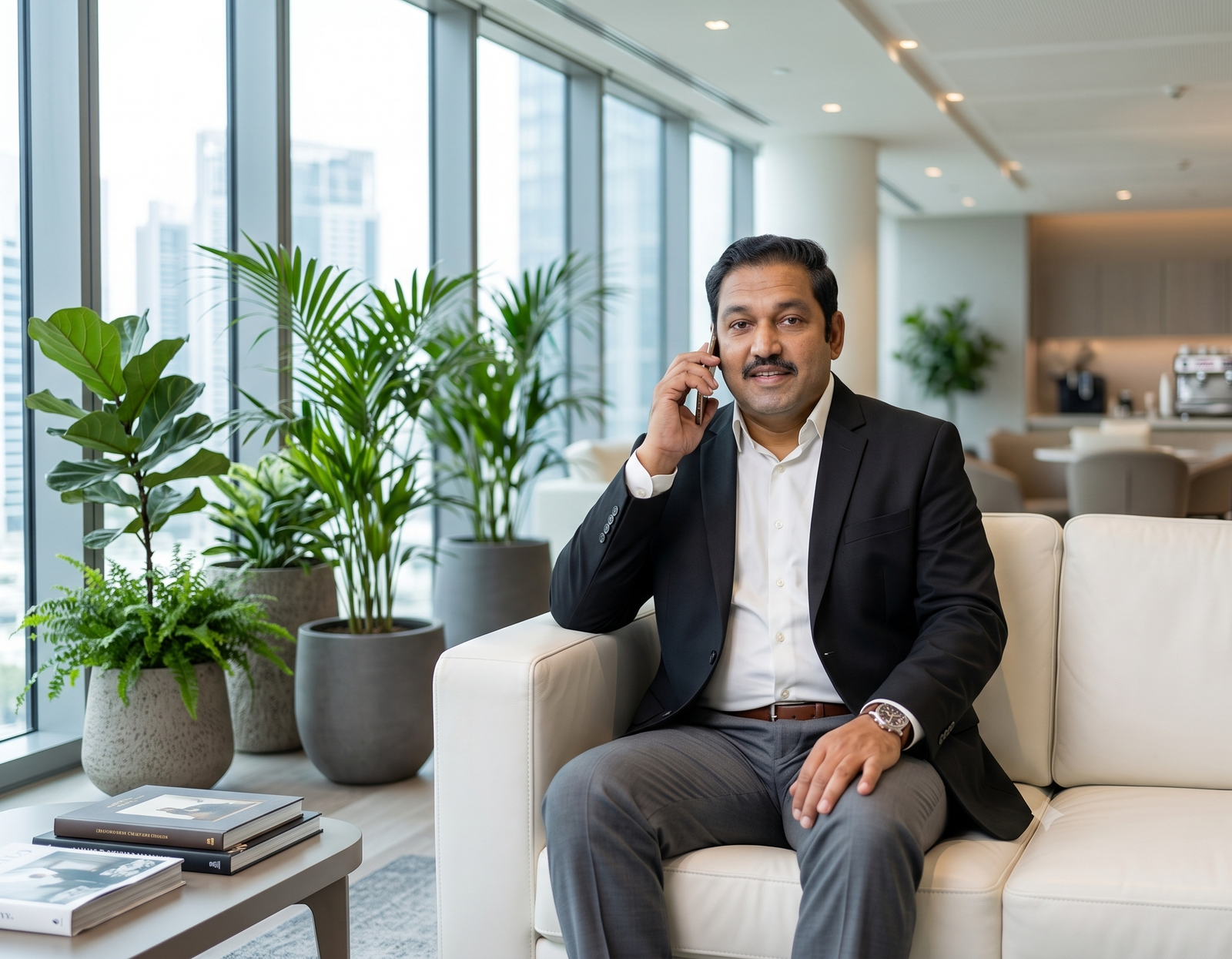 Businessman on a phone call in an office lounge